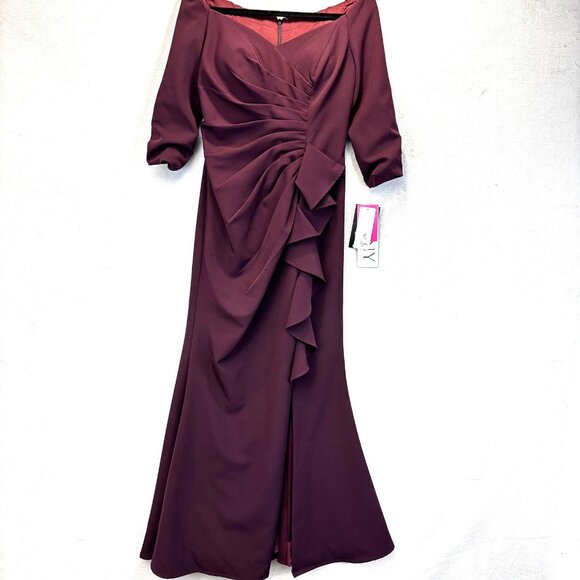 NWT MGNY Madeline Gardner Ruched Off Shoulder Evening Gown Sz 6 Plum Dress $394 - Picture 3 of 16